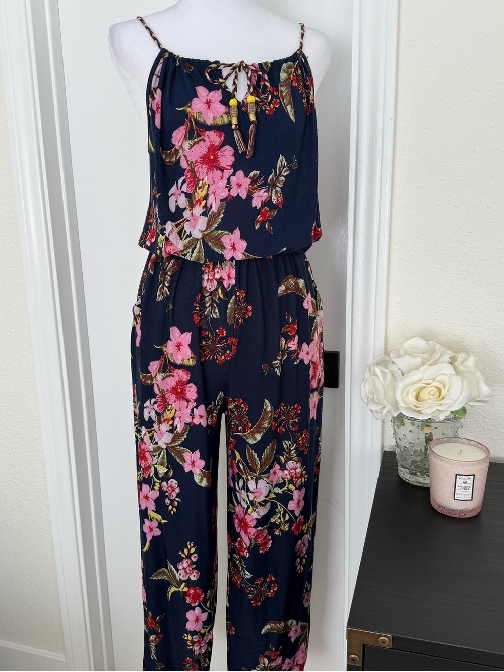 Navy Floral Spaghetti-Strap Jumpsuit
